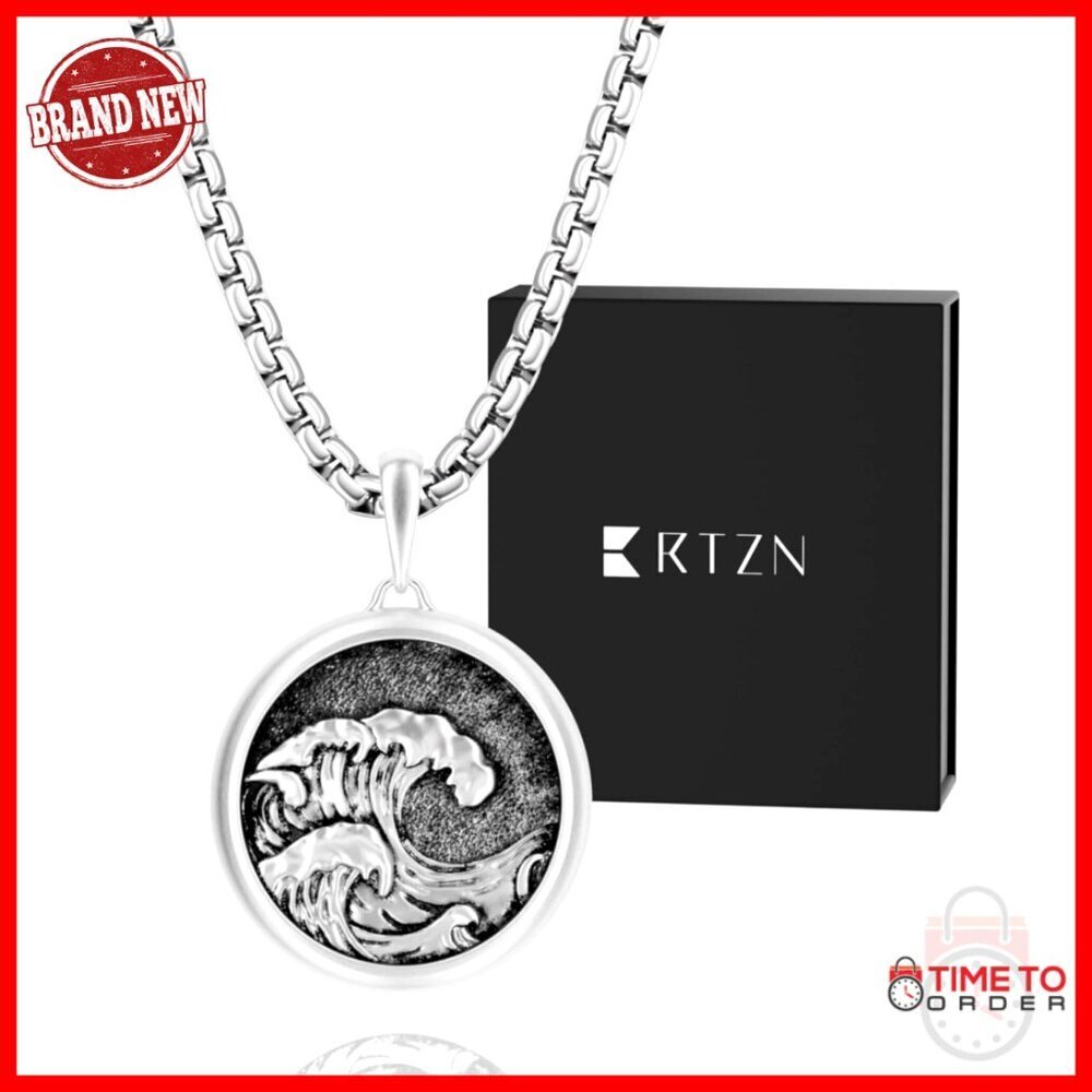Stainless Steel Wave Pendant Necklace for Men with 22" Chain